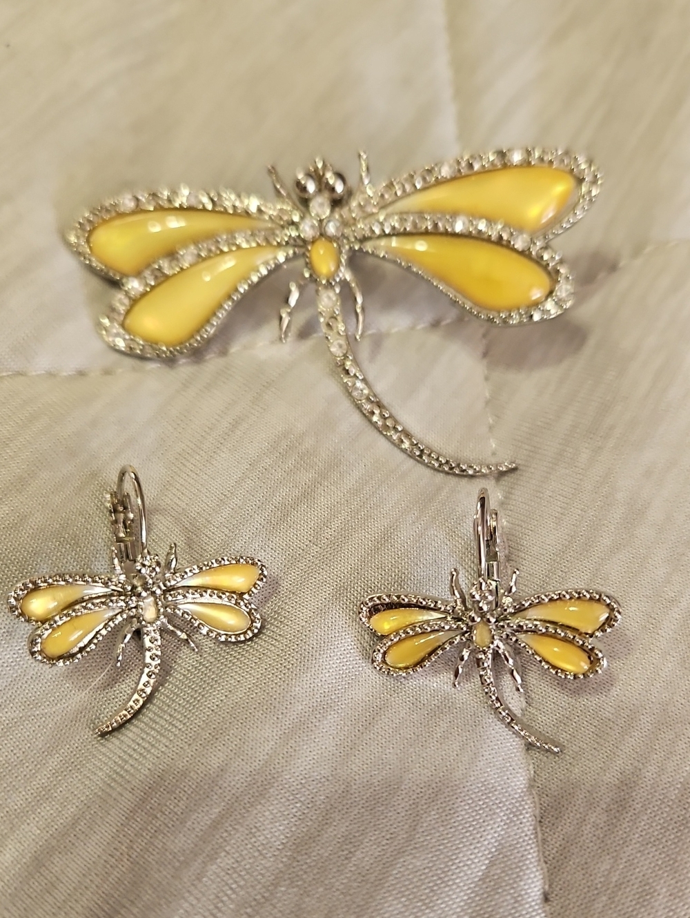 Yellow Dragonfly Brooch and Earring Set - Women's Jewelry